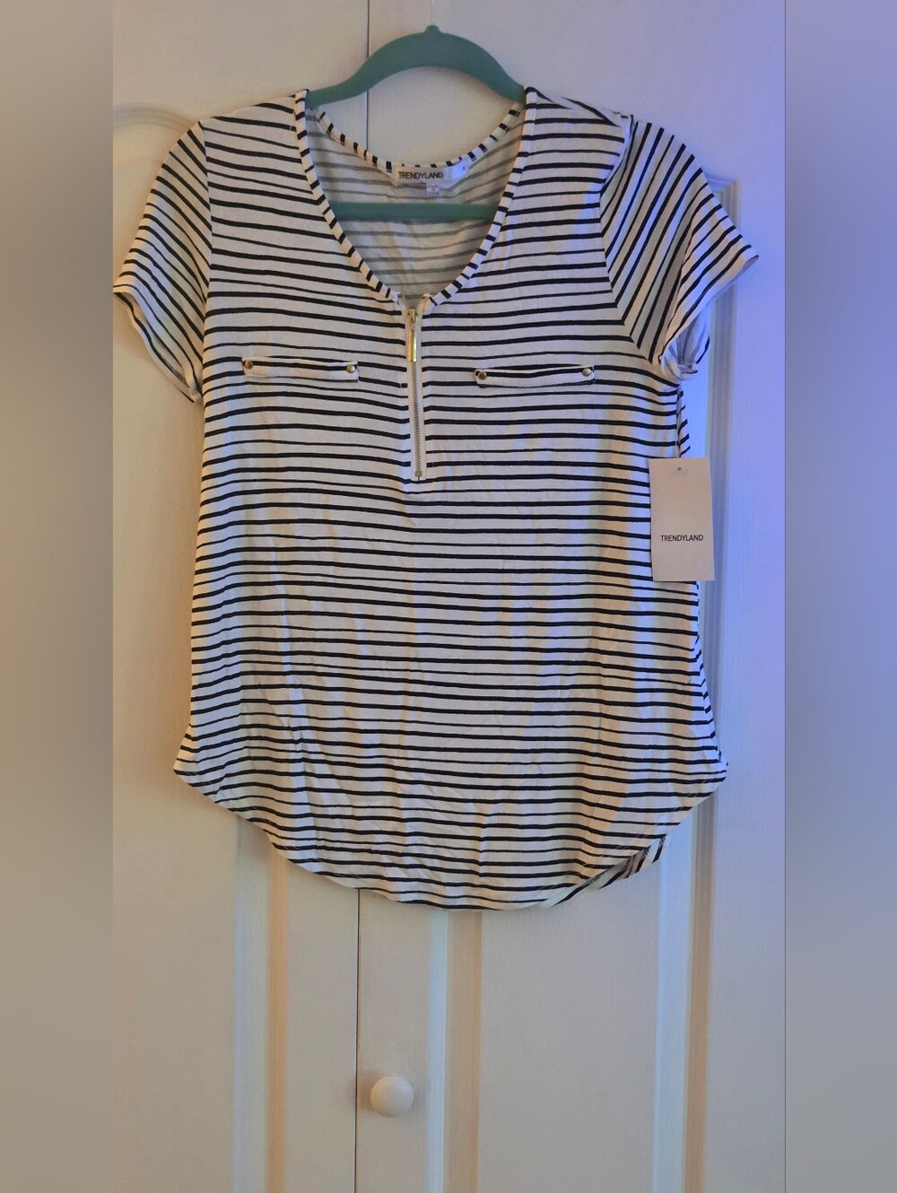 Women's White & Black Striped Zip V-Neck Top